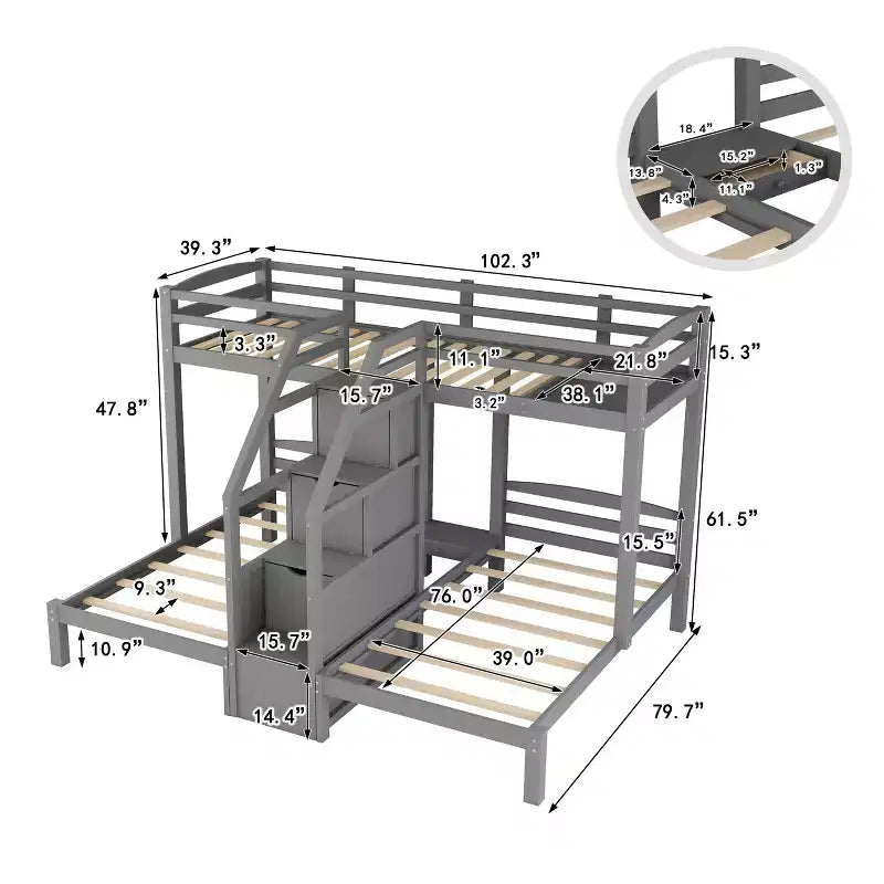 Lit superposé Whisen double sur double et double avec tablette de rangement supérieure, escalier de rangement intégré et petits tiroirs - Gris
