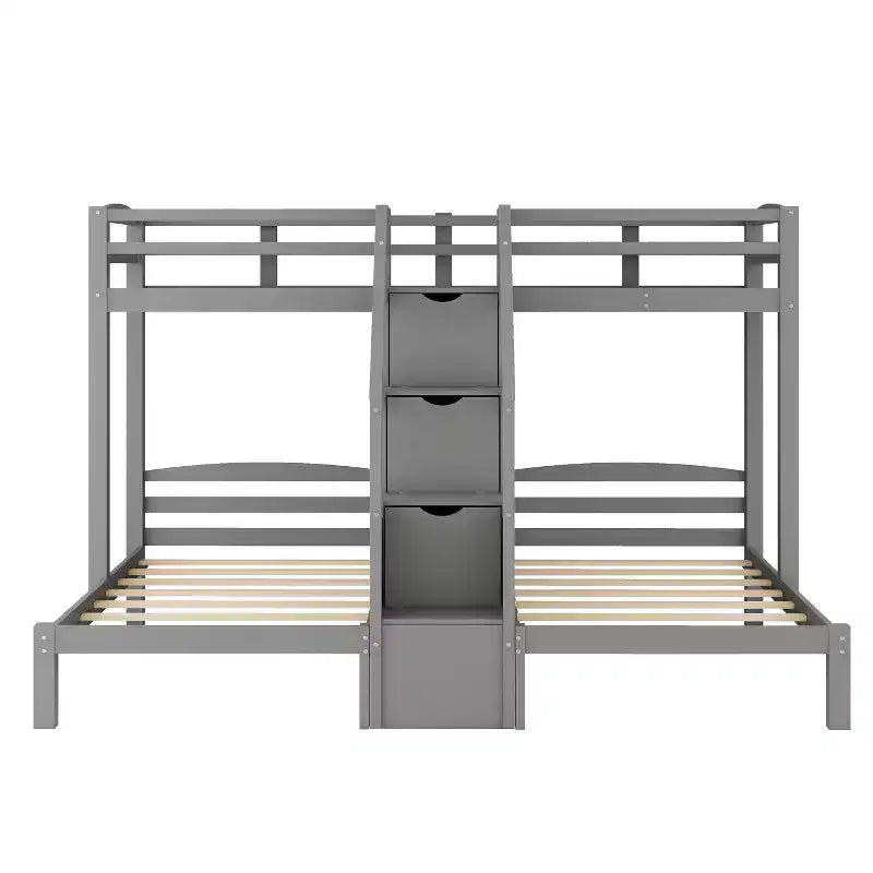 Lit superposé Whisen double sur double et double avec tablette de rangement supérieure, escalier de rangement intégré et petits tiroirs - Gris