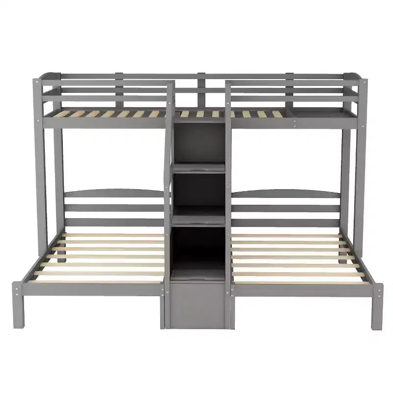 Lit superposé Whisen double sur double et double avec tablette de rangement supérieure, escalier de rangement intégré et petits tiroirs - Gris