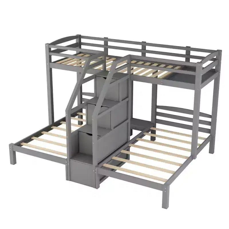 Lit superposé Whisen double sur double et double avec tablette de rangement supérieure, escalier de rangement intégré et petits tiroirs - Gris