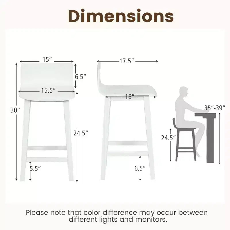 Tabourets de bar Costway 24,5 po en bois, lot de 2, avec dossier et assise solides, chaises de bar de style moderne, marron/noir/blanc