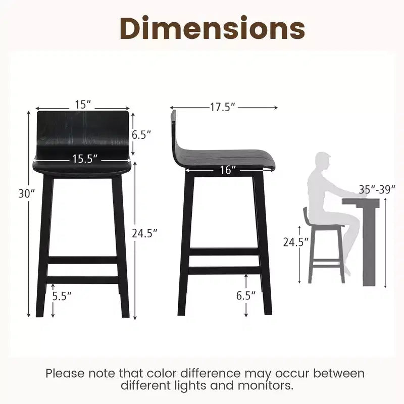 Tabourets de bar Costway 24,5 po en bois, lot de 2, avec dossier et assise solides, chaises de bar de style moderne, marron/noir/blanc