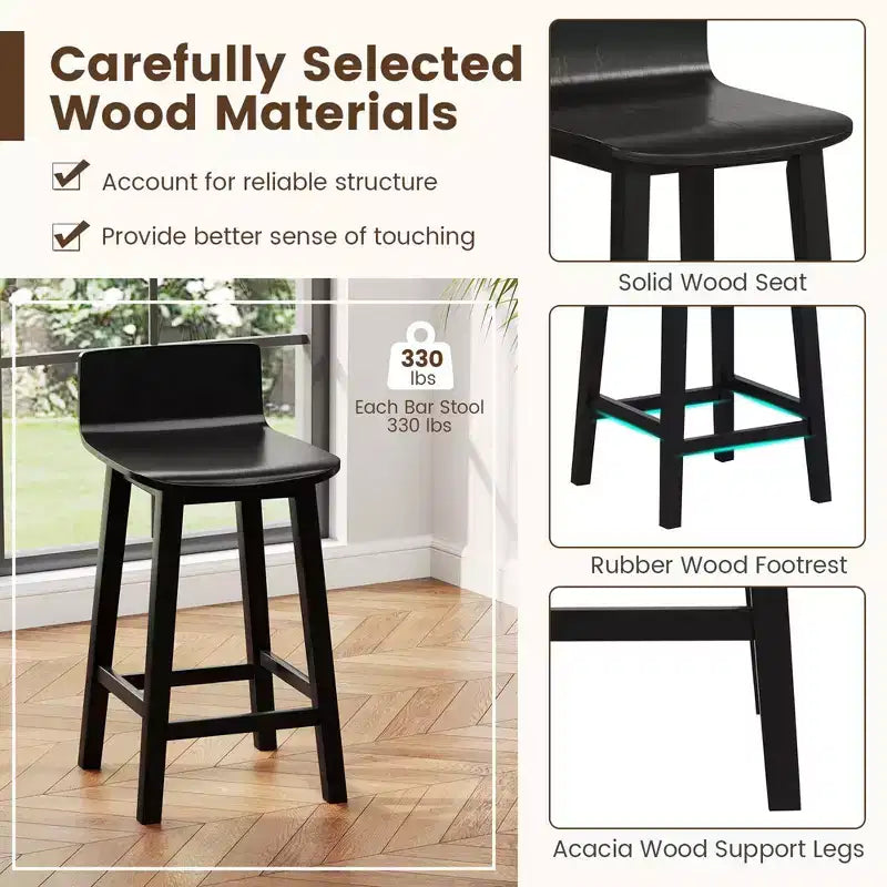 Tabourets de bar Costway 24,5 po en bois, lot de 2, avec dossier et assise solides, chaises de bar de style moderne, marron/noir/blanc