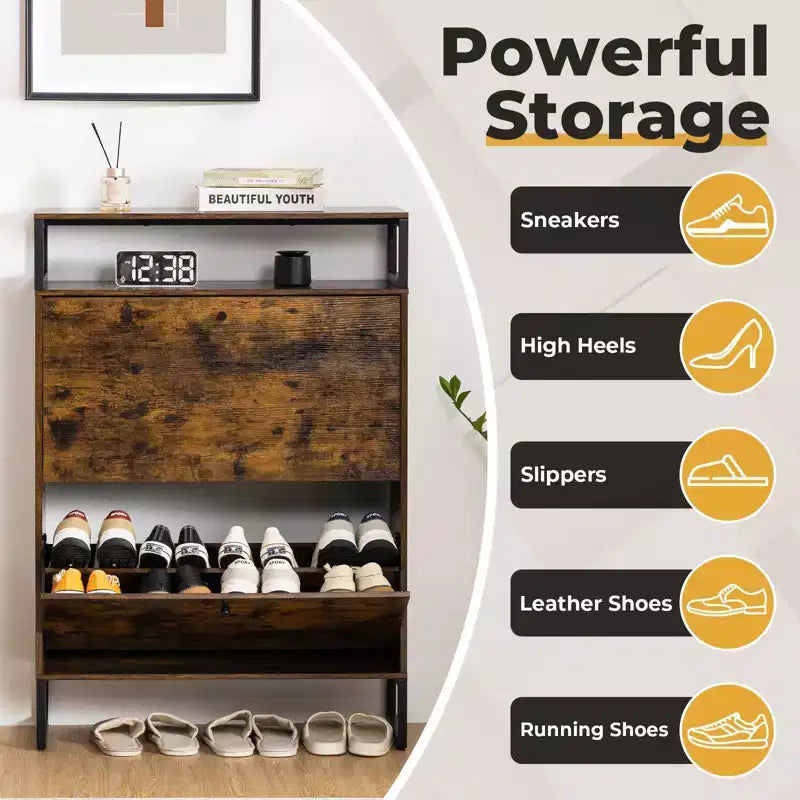 Meuble à Chaussures Mid-Century GARPROVM avec 2 Portes Basculantes et Étagères Amovibles Rangement Chaussures d'Entrée