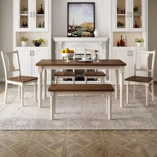 6-Piece Dining Table Set Dining Set with 4 Chairs with Bench, Classic Retro Style, Brown+Cottage White-HABITRIO