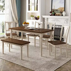 Ensemble de salle à manger 6 pièces avec 4 chaises et un banc, style rétro classique, marron+blanc cottage-HABITRIO