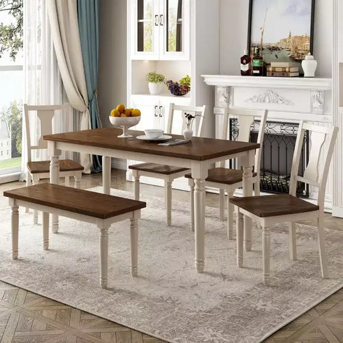 Ensemble de salle à manger 6 pièces avec 4 chaises et un banc, style rétro classique, marron+blanc cottage-HABITRIO