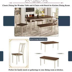 Ensemble de salle à manger 6 pièces avec 4 chaises et un banc, style rétro classique, marron+blanc cottage-HABITRIO