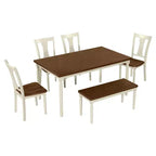 Ensemble de salle à manger 6 pièces avec 4 chaises et un banc, style rétro classique, marron+blanc cottage-HABITRIO