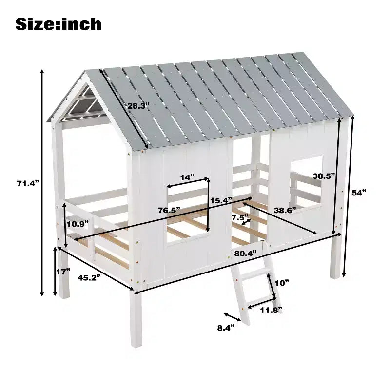 Whisen 80.4''L 45.2''W 71.4''H Lit mezzanine bas en forme de maison, taille double, avec toit et deux fenêtres frontales - Blanc