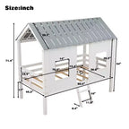 Whisen 80.4''L 45.2''W 71.4''H Lit mezzanine bas en forme de maison, taille double, avec toit et deux fenêtres frontales - Blanc