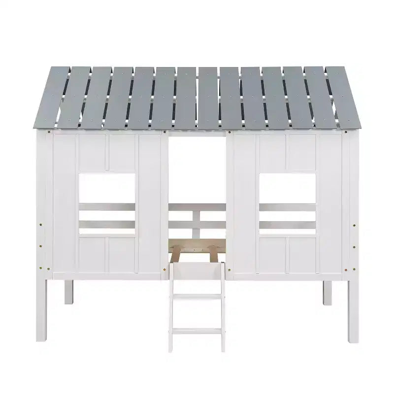 Whisen 80.4''L 45.2''W 71.4''H Lit mezzanine bas en forme de maison, taille double, avec toit et deux fenêtres frontales - Blanc