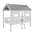 Whisen 80.4''L 45.2''W 71.4''H Lit mezzanine bas en forme de maison, taille double, avec toit et deux fenêtres frontales - Blanc