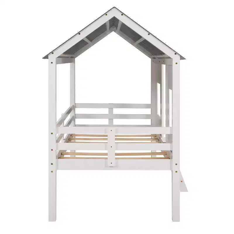 Whisen 80.4''L 45.2''W 71.4''H Lit mezzanine bas en forme de maison, taille double, avec toit et deux fenêtres frontales - Blanc
