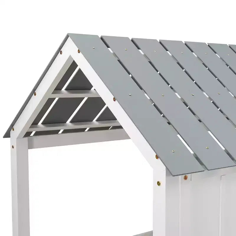 Whisen 80.4''L 45.2''W 71.4''H Lit mezzanine bas en forme de maison, taille double, avec toit et deux fenêtres frontales - Blanc