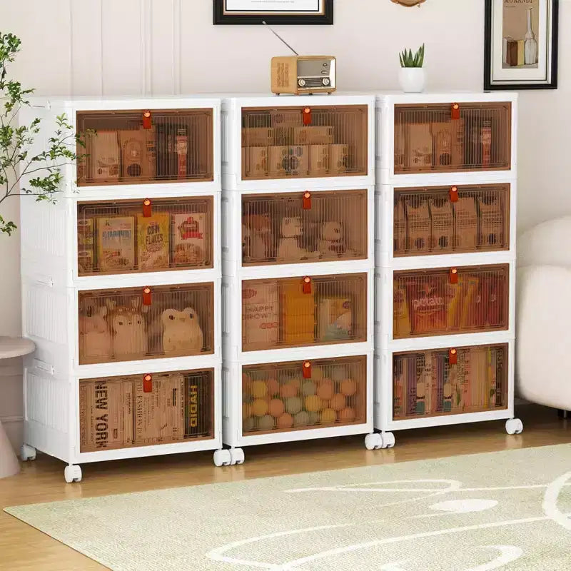 Bacs de rangement pliables VECELO à 3/4 niveaux, casiers à jouets en plastique, organisateur de vêtements empilable avec roulettes verrouillables, blanc