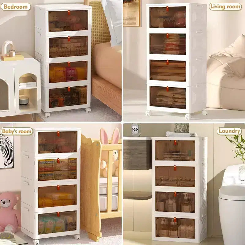 Bacs de rangement pliables VECELO à 3/4 niveaux, casiers à jouets en plastique, organisateur de vêtements empilable avec roulettes verrouillables, blanc