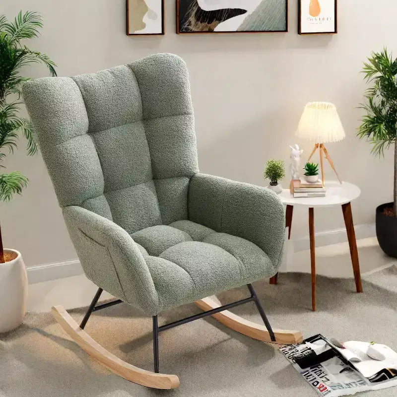 Fauteuil à bascule pour chambre d'enfant, fauteuil planeur rembourré en tissu peluche avec dossier haut, accoudoirs et poches latérales, pour chambre à coucher, salon