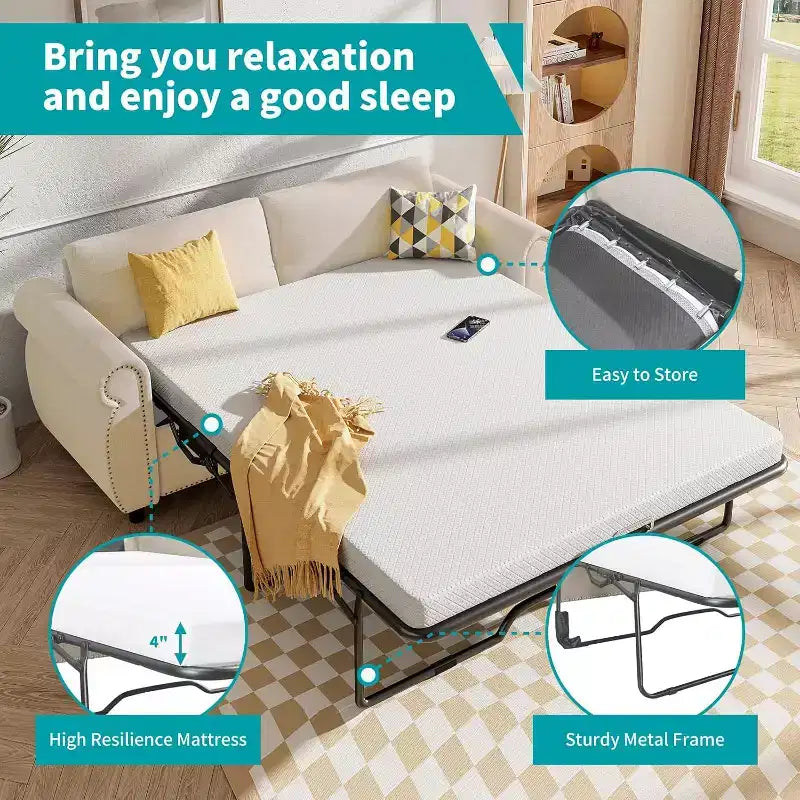 Mjkone Canapé-lit gigogne, Canapé-lit pleine grandeur avec matelas en mousse à mémoire de forme