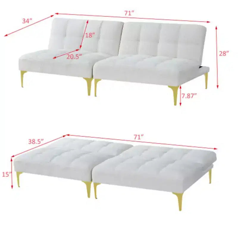 Canapé-lit convertible Futon avec pieds en métal doré Tissu Teddy