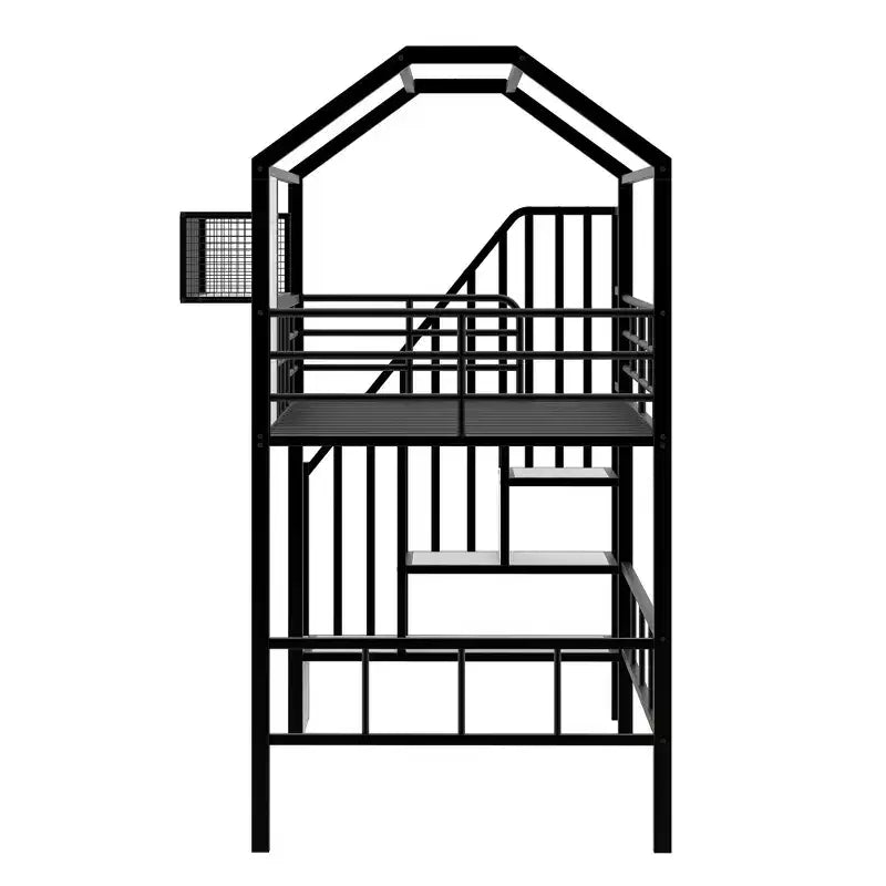 Lit mezzanine en métal Whisen 93,7"L x 41,4"l style maison avec escalier, étagère de rangement et fenêtre, avec toit