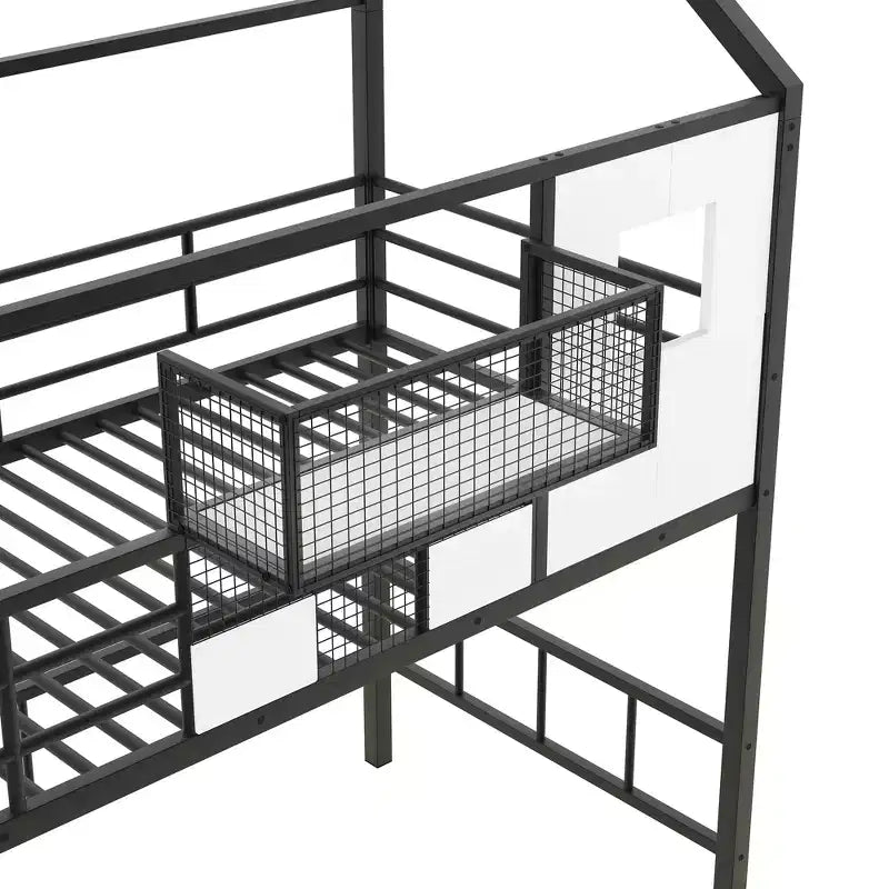 Lit mezzanine en métal Whisen 93,7"L x 41,4"l style maison avec escalier, étagère de rangement et fenêtre, avec toit