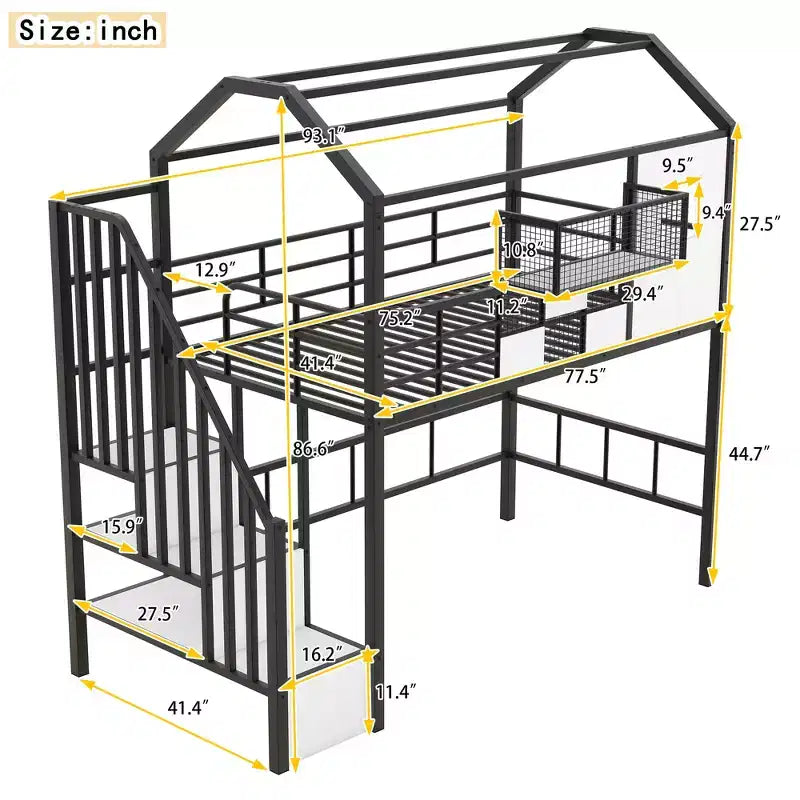 Lit mezzanine en métal Whisen 93,7"L x 41,4"l style maison avec escalier, étagère de rangement et fenêtre, avec toit