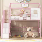 Lit mezzanine en métal Whisen 93,7"L x 41,4"l style maison avec escalier, étagère de rangement et fenêtre, avec toit