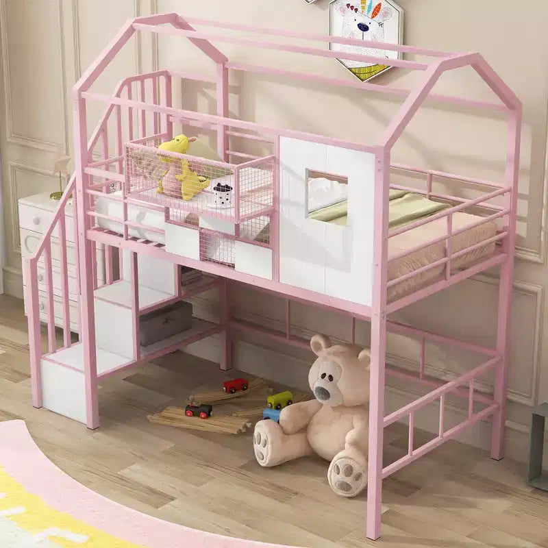 Lit mezzanine en métal Whisen 93,7"L x 41,4"l style maison avec escalier, étagère de rangement et fenêtre, avec toit