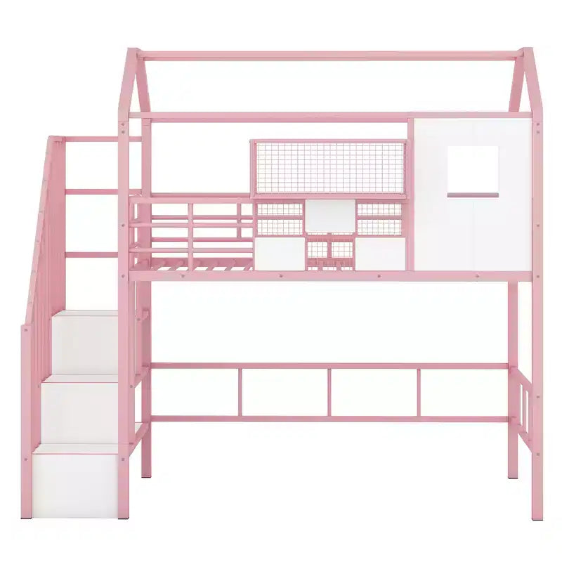 Lit mezzanine en métal Whisen 93,7"L x 41,4"l style maison avec escalier, étagère de rangement et fenêtre, avec toit