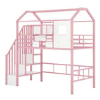 Lit mezzanine en métal Whisen 93,7"L x 41,4"l style maison avec escalier, étagère de rangement et fenêtre, avec toit