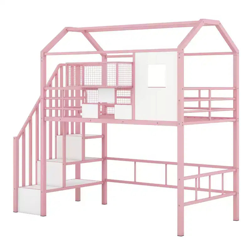 Lit mezzanine en métal Whisen 93,7"L x 41,4"l style maison avec escalier, étagère de rangement et fenêtre, avec toit