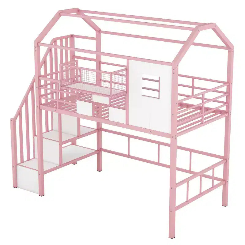 Lit mezzanine en métal Whisen 93,7"L x 41,4"l style maison avec escalier, étagère de rangement et fenêtre, avec toit