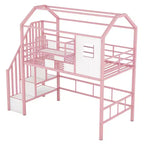Lit mezzanine en métal Whisen 93,7"L x 41,4"l style maison avec escalier, étagère de rangement et fenêtre, avec toit