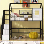 Lit mezzanine en métal Whisen 93,7"L x 41,4"l style maison avec escalier, étagère de rangement et fenêtre, avec toit