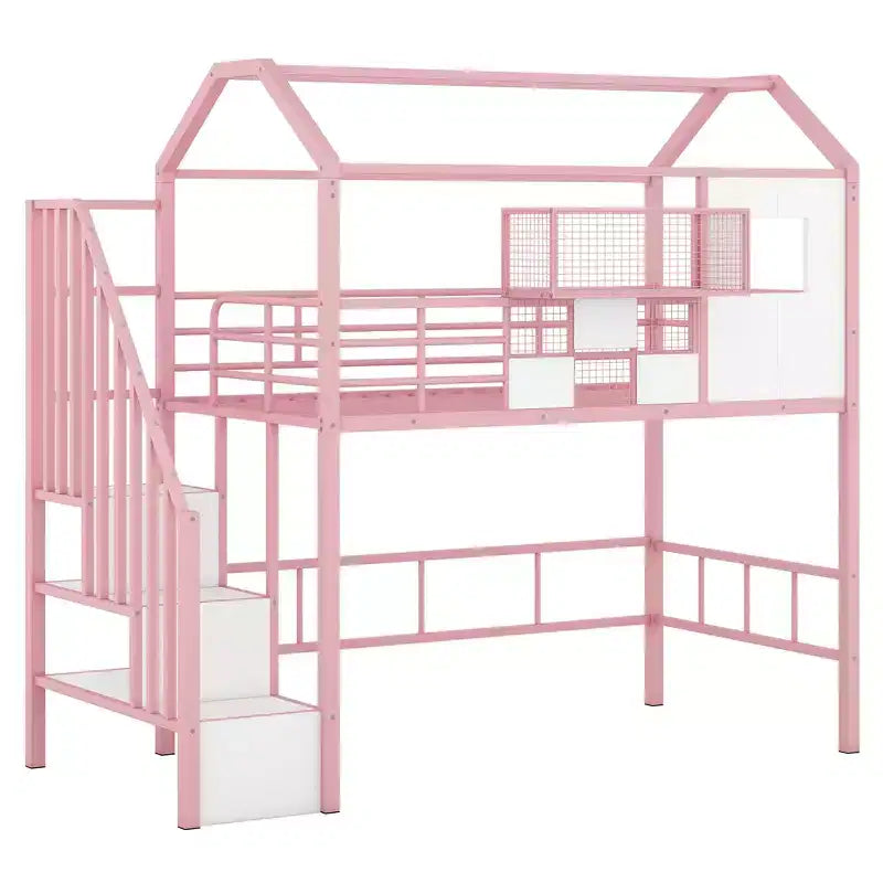 Lit mezzanine en métal Whisen 93,7"L x 41,4"l style maison avec escalier, étagère de rangement et fenêtre, avec toit