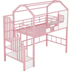 Lit mezzanine en métal Whisen 93,7"L x 41,4"l style maison avec escalier, étagère de rangement et fenêtre, avec toit