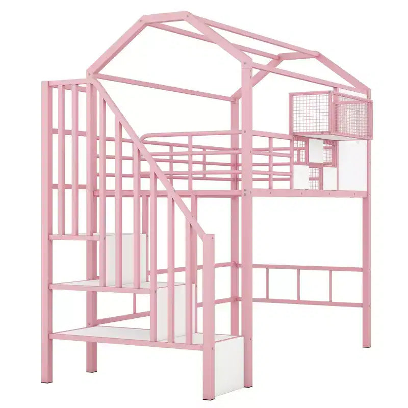 Lit mezzanine en métal Whisen 93,7"L x 41,4"l style maison avec escalier, étagère de rangement et fenêtre, avec toit