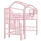 Lit mezzanine en métal Whisen 93,7"L x 41,4"l style maison avec escalier, étagère de rangement et fenêtre, avec toit