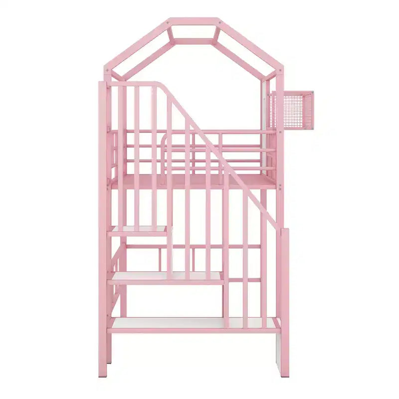 Lit mezzanine en métal Whisen 93,7"L x 41,4"l style maison avec escalier, étagère de rangement et fenêtre, avec toit