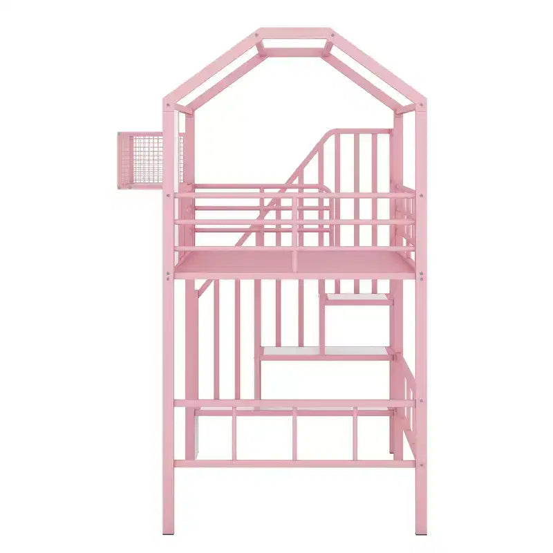 Lit mezzanine en métal Whisen 93,7"L x 41,4"l style maison avec escalier, étagère de rangement et fenêtre, avec toit