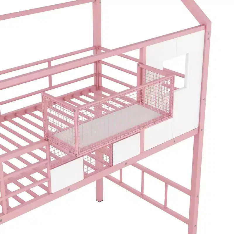 Lit mezzanine en métal Whisen 93,7"L x 41,4"l style maison avec escalier, étagère de rangement et fenêtre, avec toit
