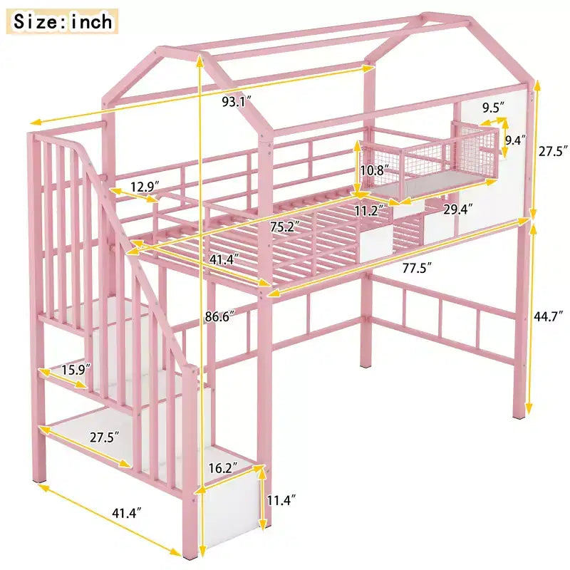 Lit mezzanine en métal Whisen 93,7"L x 41,4"l style maison avec escalier, étagère de rangement et fenêtre, avec toit