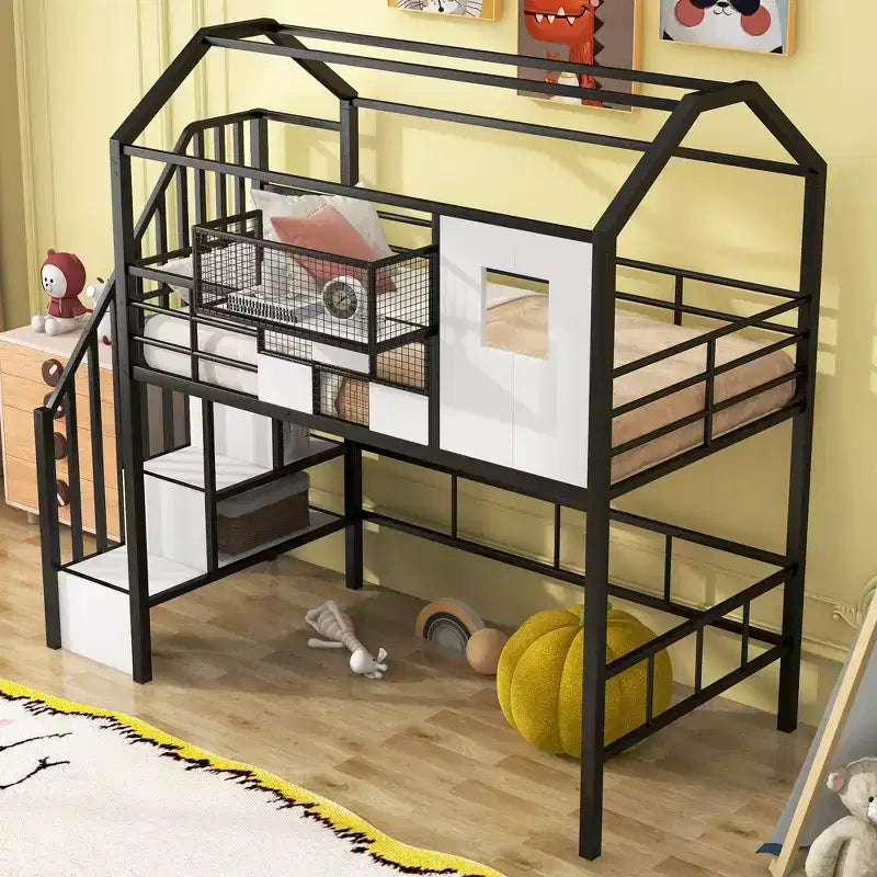 Lit mezzanine en métal Whisen 93,7"L x 41,4"l style maison avec escalier, étagère de rangement et fenêtre, avec toit