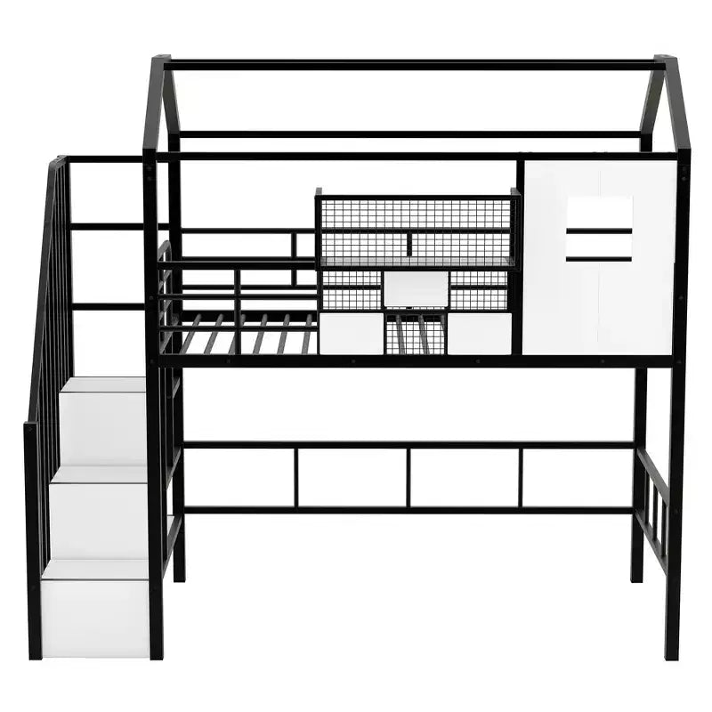 Lit mezzanine en métal Whisen 93,7"L x 41,4"l style maison avec escalier, étagère de rangement et fenêtre, avec toit