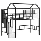 Lit mezzanine en métal Whisen 93,7"L x 41,4"l style maison avec escalier, étagère de rangement et fenêtre, avec toit