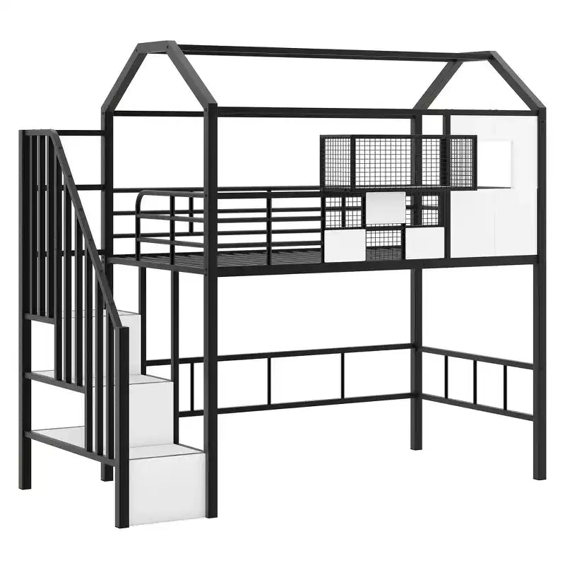 Lit mezzanine en métal Whisen 93,7"L x 41,4"l style maison avec escalier, étagère de rangement et fenêtre, avec toit