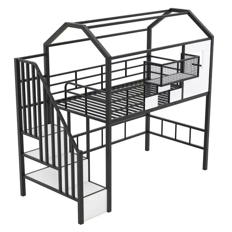 Lit mezzanine en métal Whisen 93,7"L x 41,4"l style maison avec escalier, étagère de rangement et fenêtre, avec toit