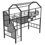 Lit mezzanine en métal Whisen 93,7"L x 41,4"l style maison avec escalier, étagère de rangement et fenêtre, avec toit