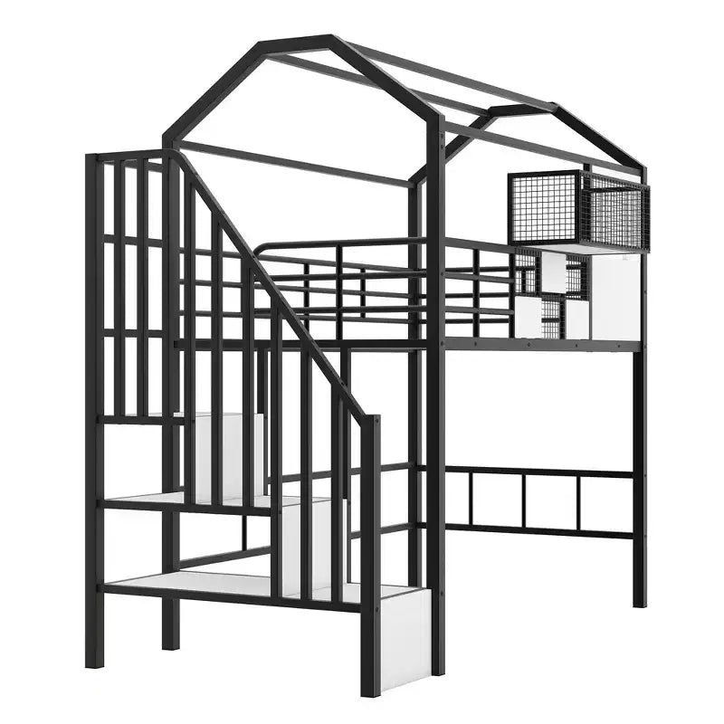 Lit mezzanine en métal Whisen 93,7"L x 41,4"l style maison avec escalier, étagère de rangement et fenêtre, avec toit